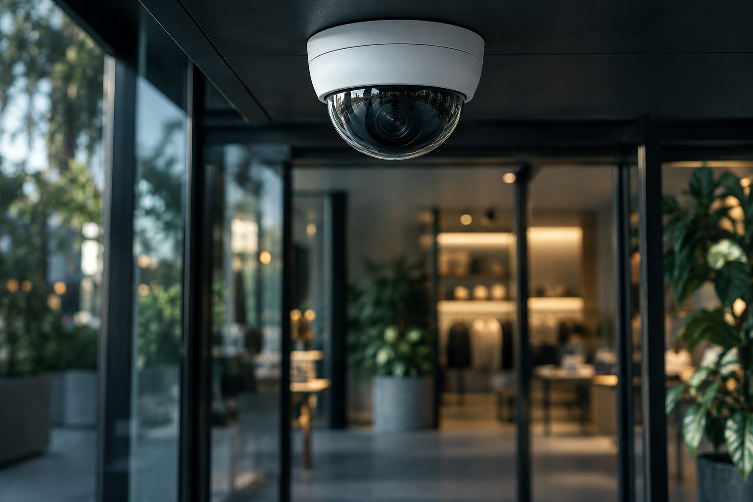Dome security camera mounted above a shop entrance