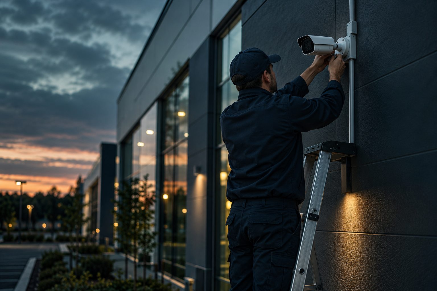Technician installing an exterior IP camera