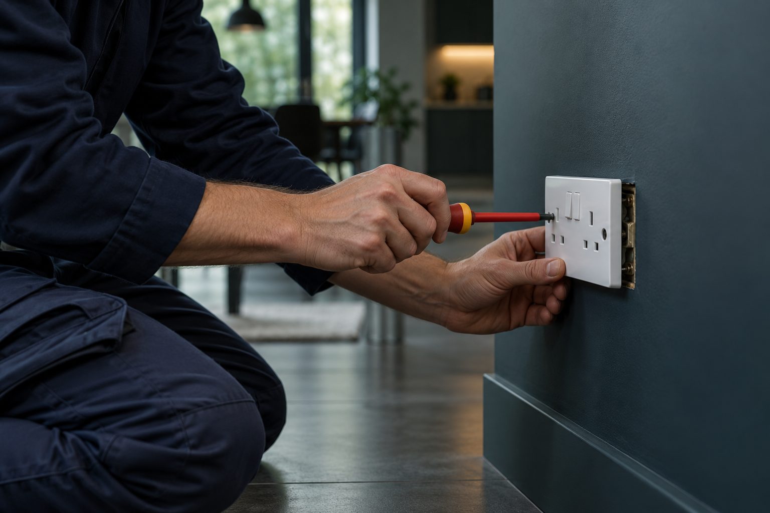 Electrician fitting a wall power outlet
