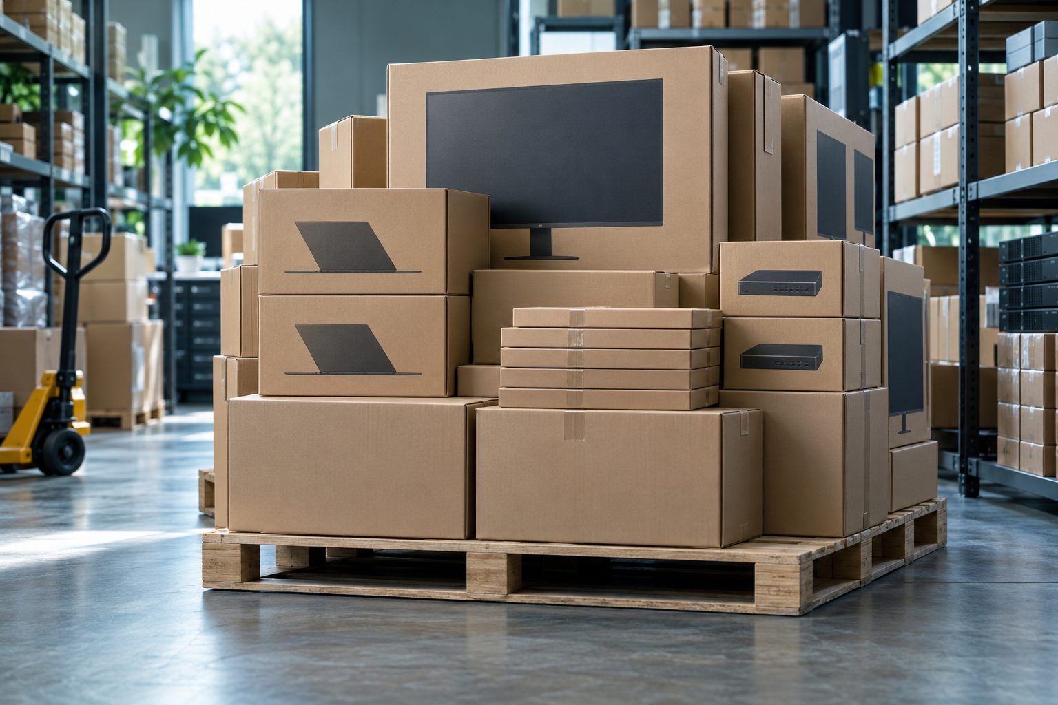 Boxed IT equipment ready for delivery